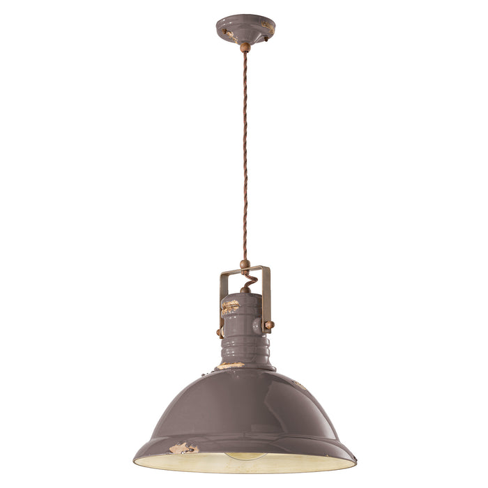 Lampadario Industrial Ferro E Ceramica Vintage Tortora 1 Luce E27 40Cm
