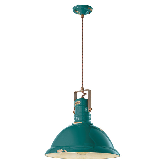 Lampadario Industrial Ferro E Ceramica Vintage Verde 1 Luce E27 40Cm