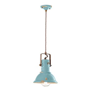 Lampadario Industrial Ferro E Ceramica Vintage Azzurro 1 Luce E27 23Cm