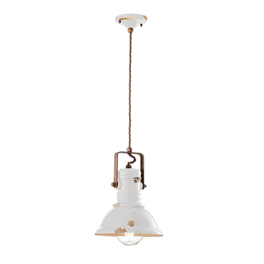 Lampadario Industrial Ferro E Ceramica Vintage Bianco 1 Luce E27 23Cm