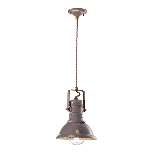 Lampadario Industrial Ferro E Ceramica Vintage Tortora 1 Luce E27 23Cm