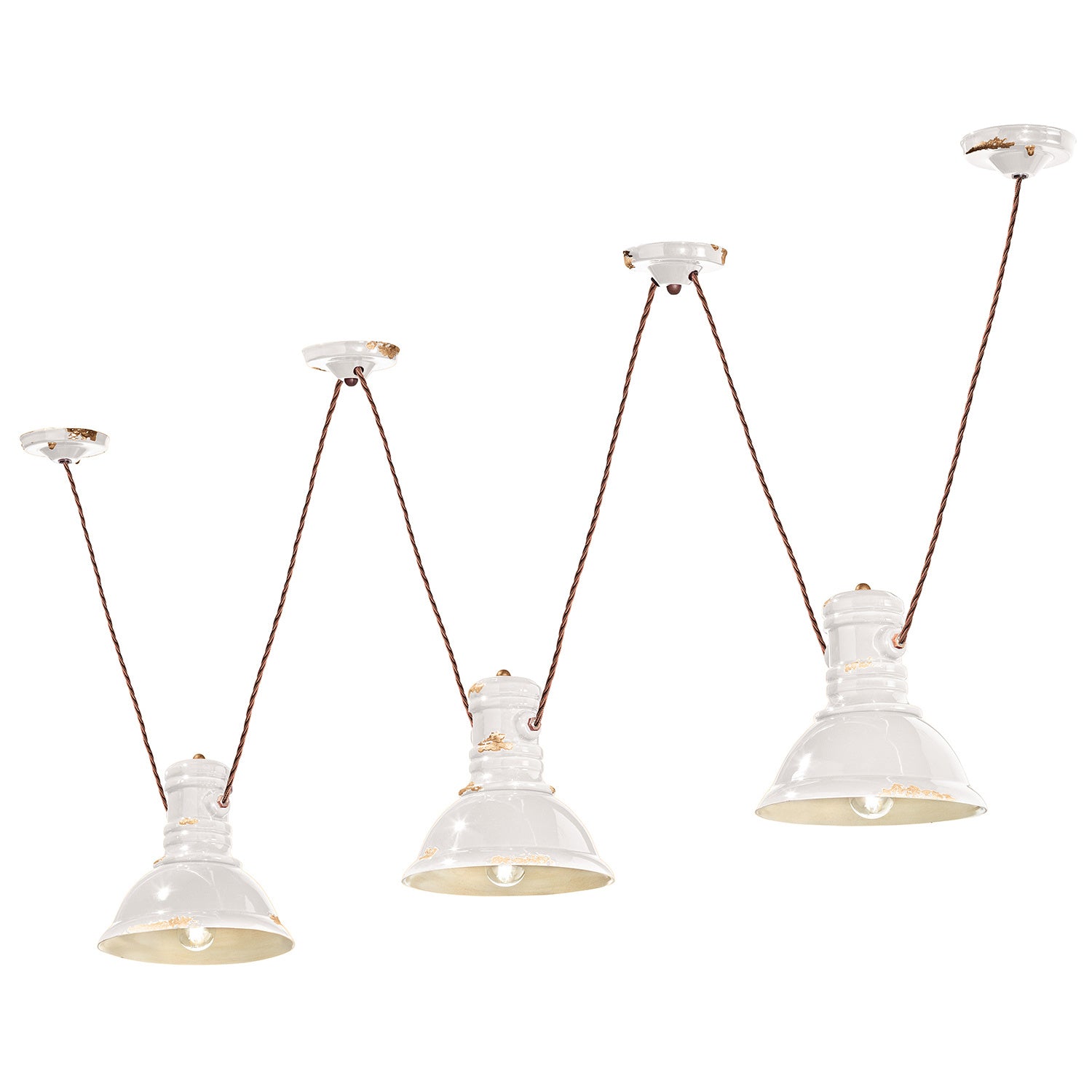 Lampadario Industrial Ferro E Ceramica Vintage Bianco 3 Luci E27