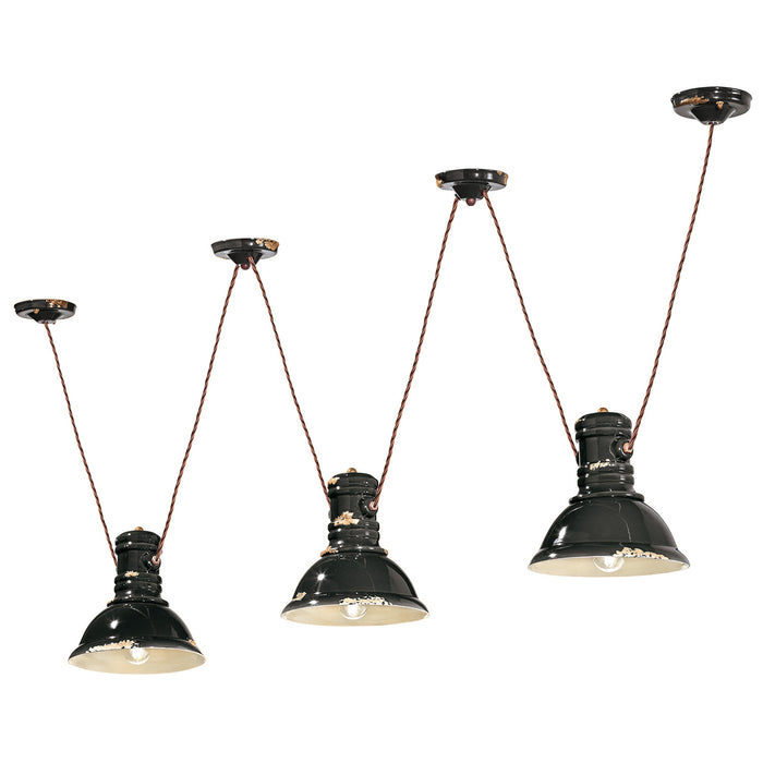 Lampadario Industrial Ferro E Ceramica Vintage Nero 3 Luci E27