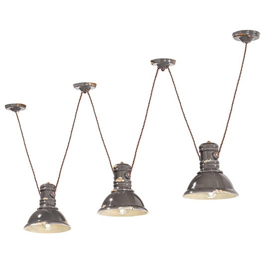 Lampadario Industrial Ferro E Ceramica Vintage Tortora 3 Luci E27