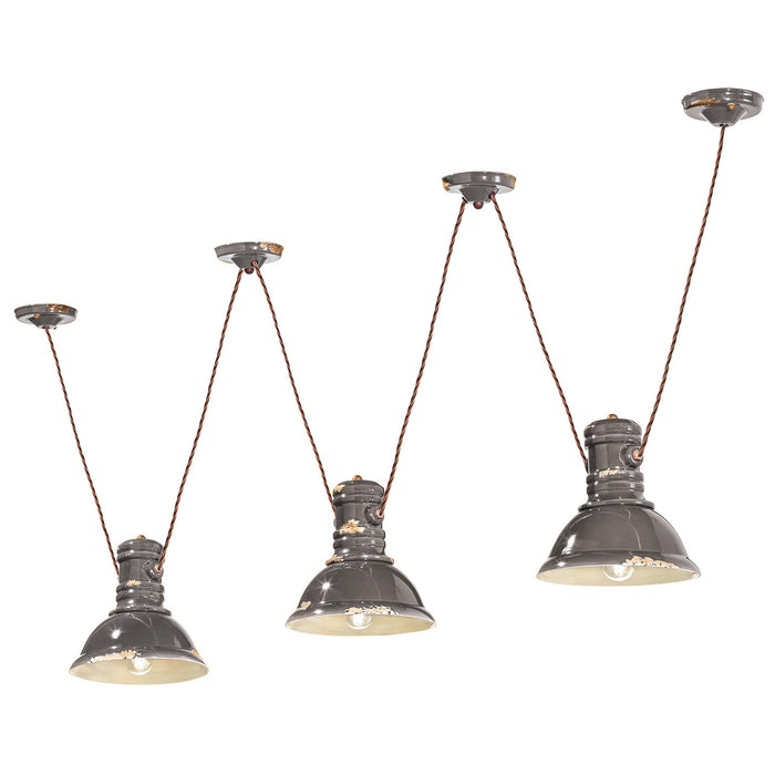 Lampadario Industrial Ferro E Ceramica Vintage Tortora 3 Luci E27