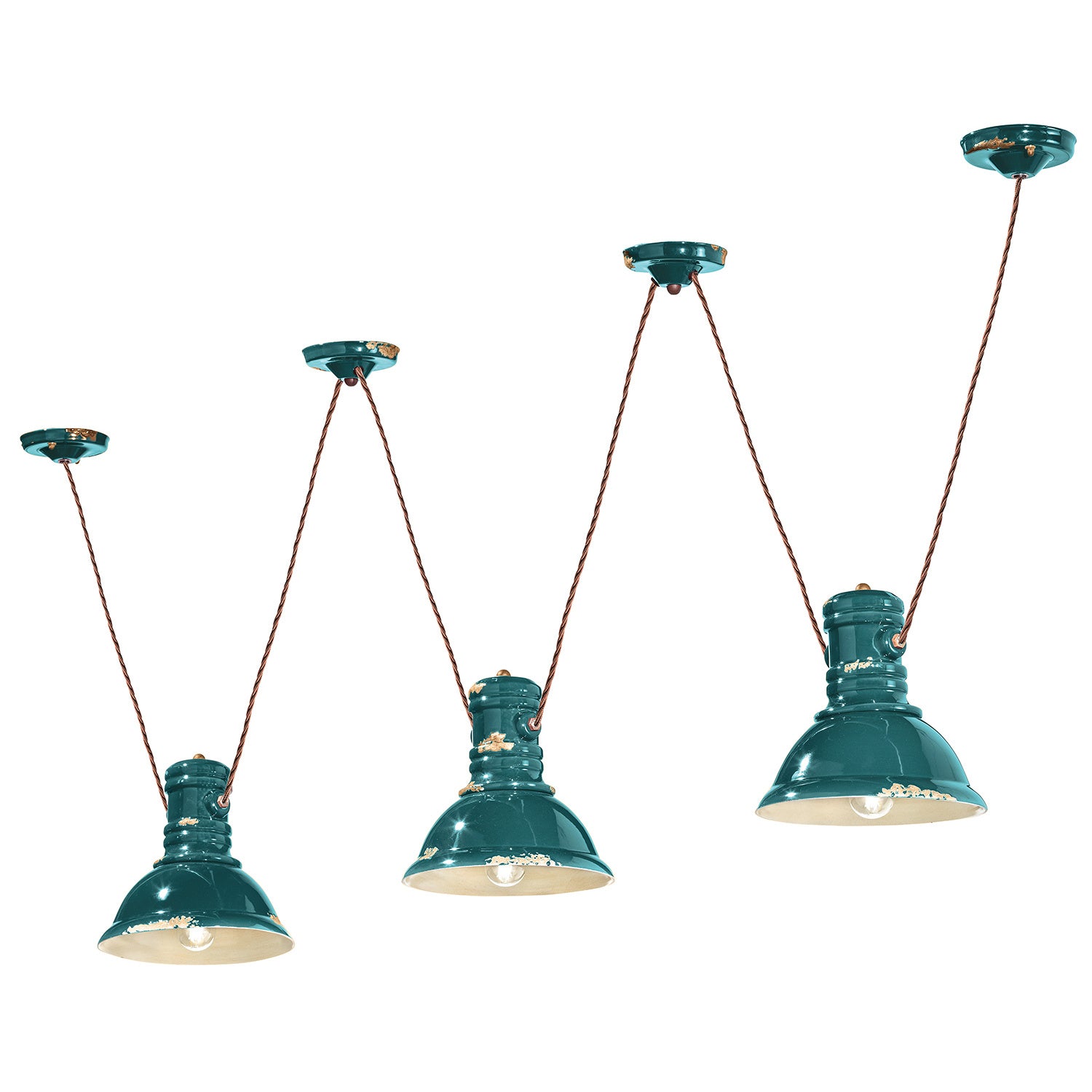 Lampadario Industrial Ferro E Ceramica Vintage Verde 3 Luci E27