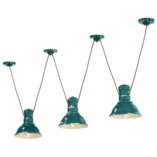 Lampadario Industrial Ferro E Ceramica Vintage Verde 3 Luci E27