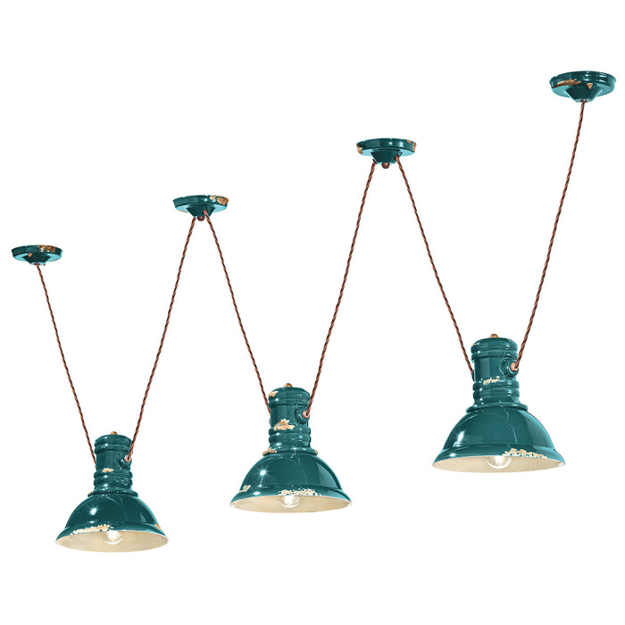 Lampadario Industrial Ferro E Ceramica Vintage Verde 3 Luci E27