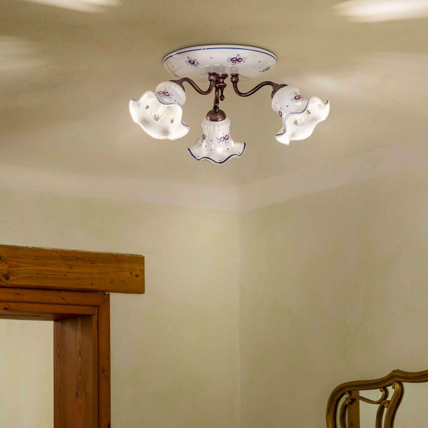 Plafoniera Classica Chieti Metallo E Ceramica Nero Sfumato Rame 3 Luci E14