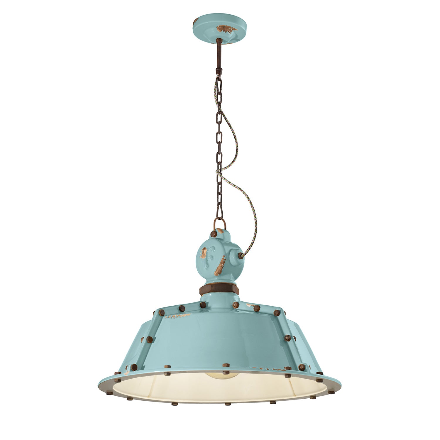Lampadario Industrial Ferro E Ceramica Vintage Azzurro 1 Luce E27 52Cm