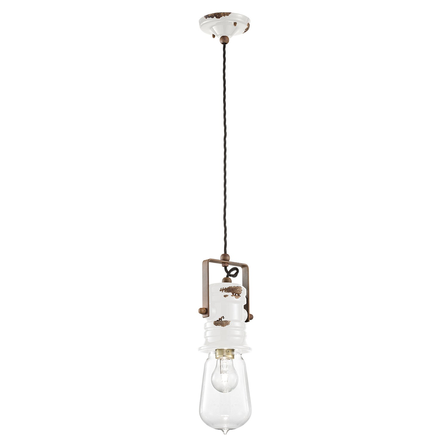 Lampadario Industrial Urban Ferro Ceramica Vintage Bianco 1 Luce E27 37Cm