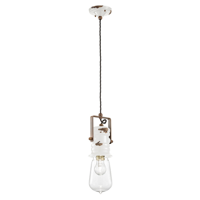 Lampadario Industrial Urban Ferro Ceramica Vintage Bianco 1 Luce E27 37Cm