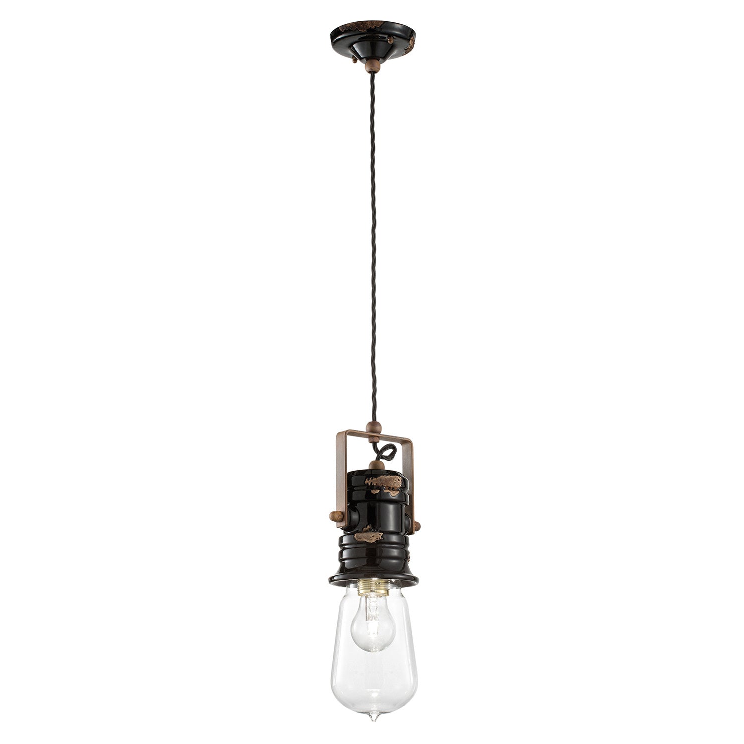 Lampadario Industrial Urban Ferro E Ceramica Vintage Nero 1 Luce E27 37Cm