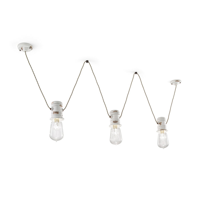 Lampadario Industrial Minimal Urban Ferro E Ceramica Vintage Bianco 3 Luci E27