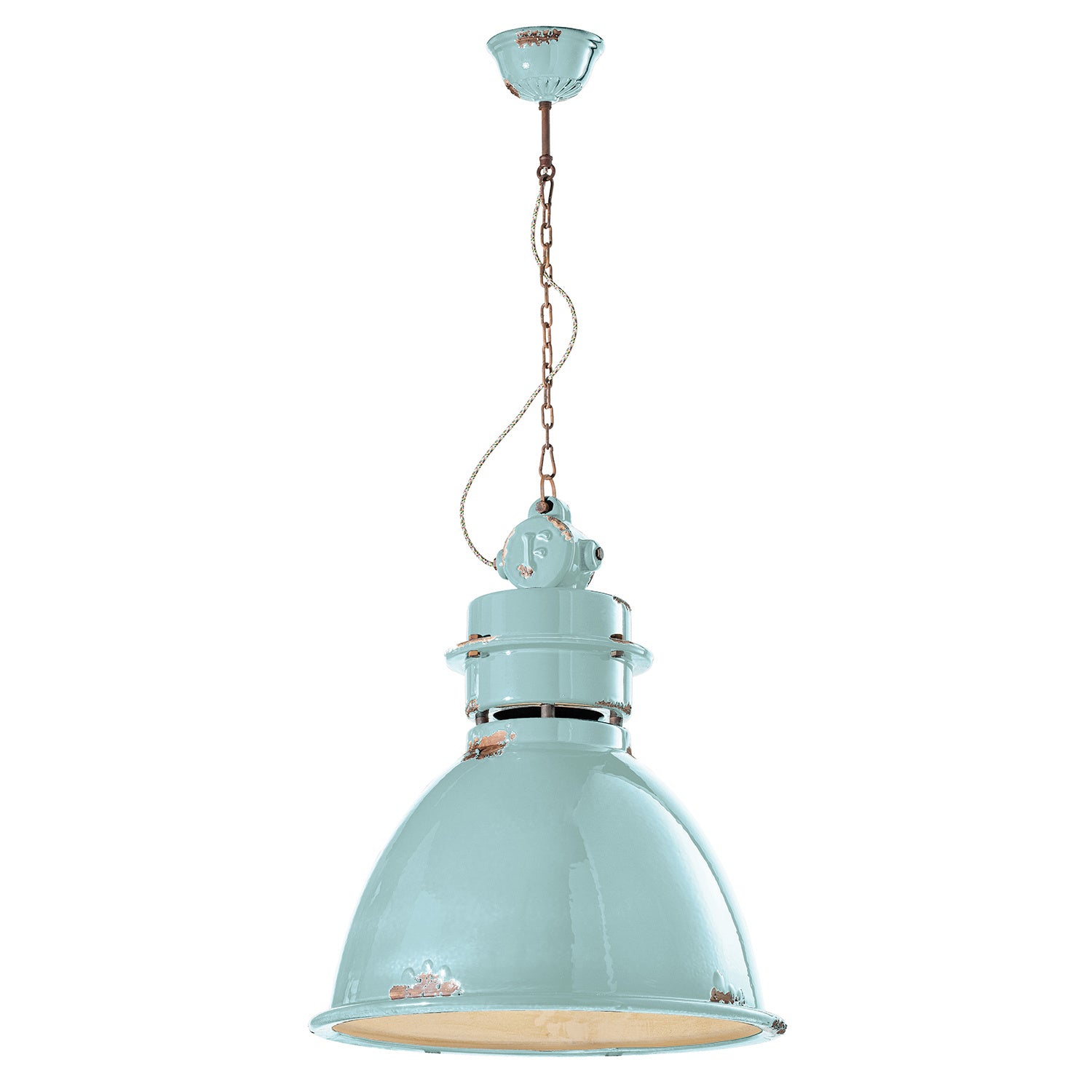 Lampadario Industrial Ferro E Ceramica Vintage Azzurro 1 Luce E27 50Cm