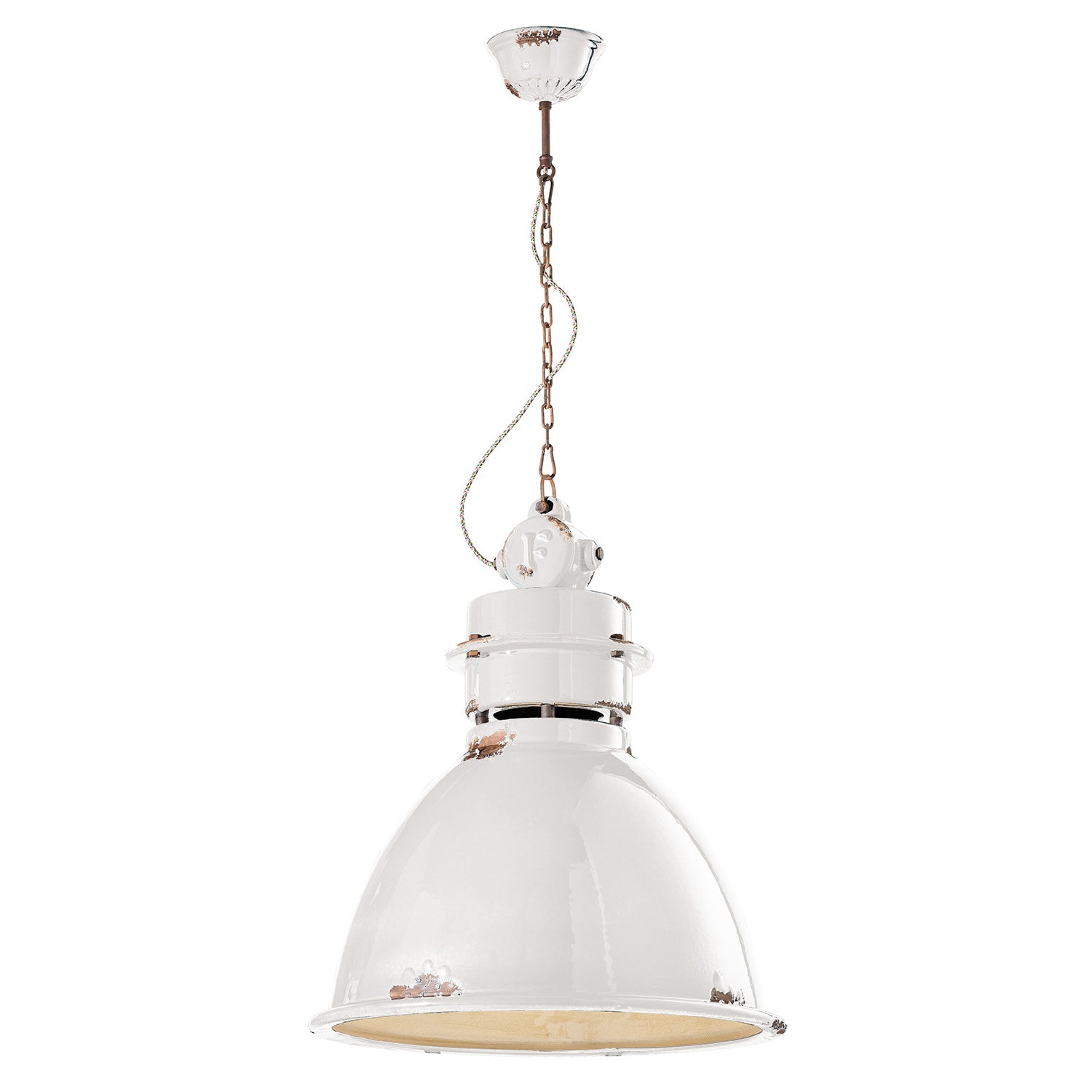 Lampadario Industrial Ferro E Ceramica Vintage Bianco 1 Luce E27 50Cm