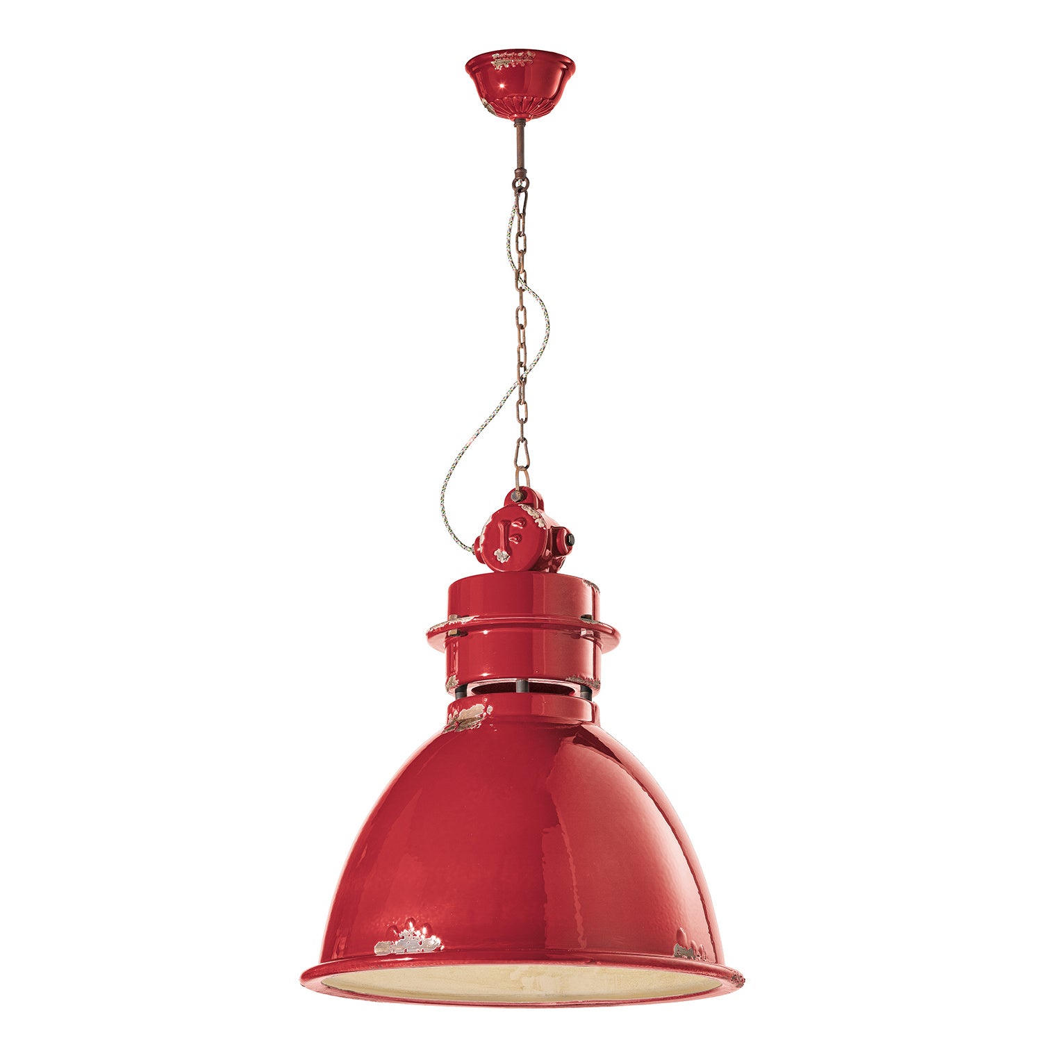Lampadario Industrial Ferro E Ceramica Vintage Rosso 1 Luce E27 50Cm