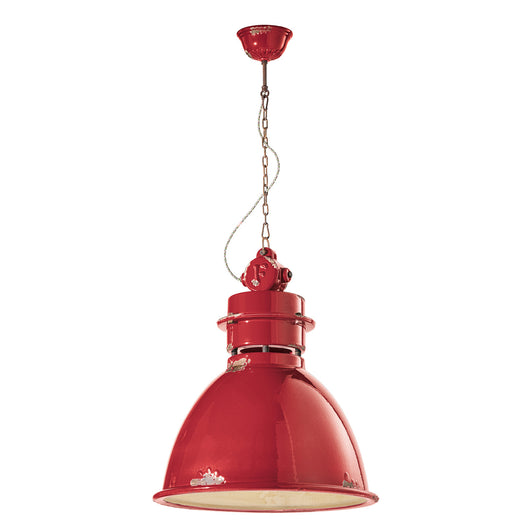 Lampadario Industrial Ferro E Ceramica Vintage Rosso 1 Luce E27 50Cm