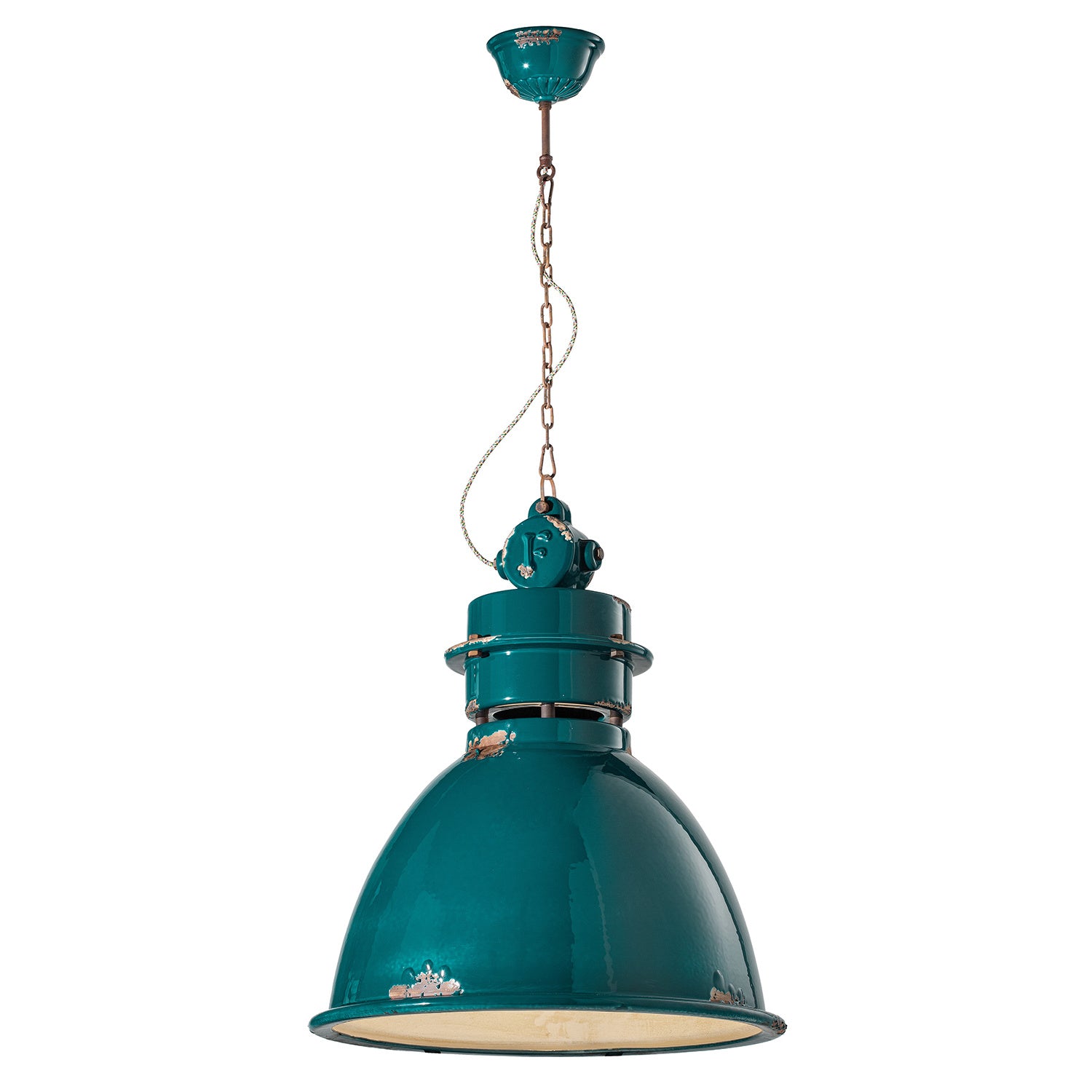 Lampadario Industrial Ferro E Ceramica Vintage Verde 1 Luce E27 50Cm