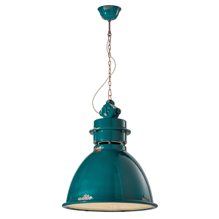 Lampadario Industrial Ferro E Ceramica Vintage Verde 1 Luce E27 50Cm
