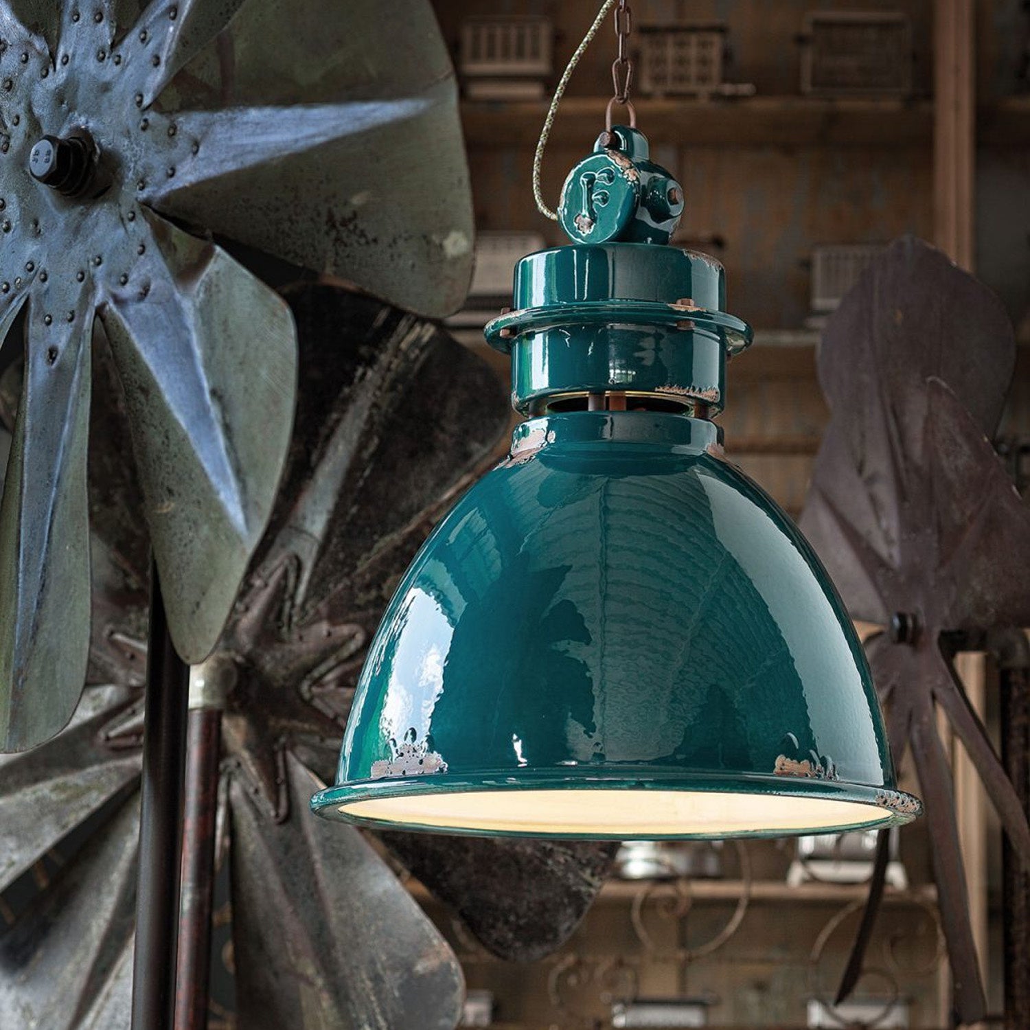 Lampadario Industrial Ferro E Ceramica Vintage Verde 1 Luce E27 50Cm