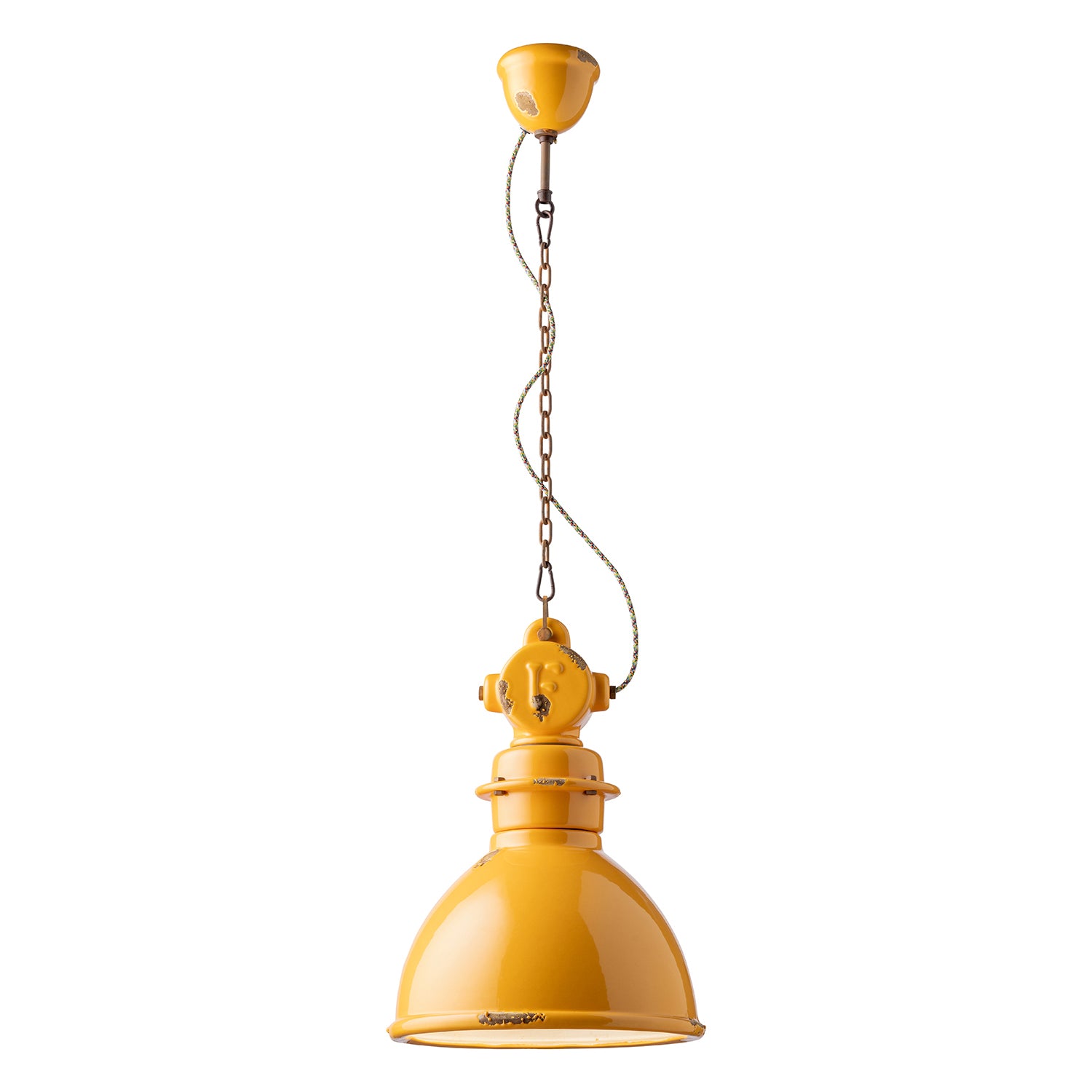 Lampadario Industrial Ferro E Ceramica Vintage Giallo 1 Luce E27