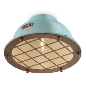 Plafoniera Industrial Ferro E Ceramica Vintage Azzurro 1 Luce E27