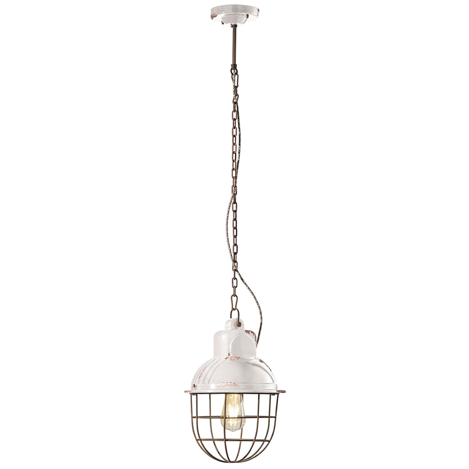 Lampadario Industrial Ferro E Ceramica Con Rete Vintage Bianco 1 Luce E27 26Cm