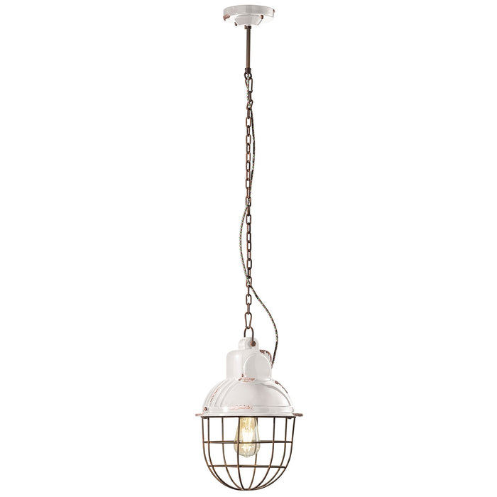 Lampadario Industrial Ferro E Ceramica Con Rete Vintage Bianco 1 Luce E27 26Cm