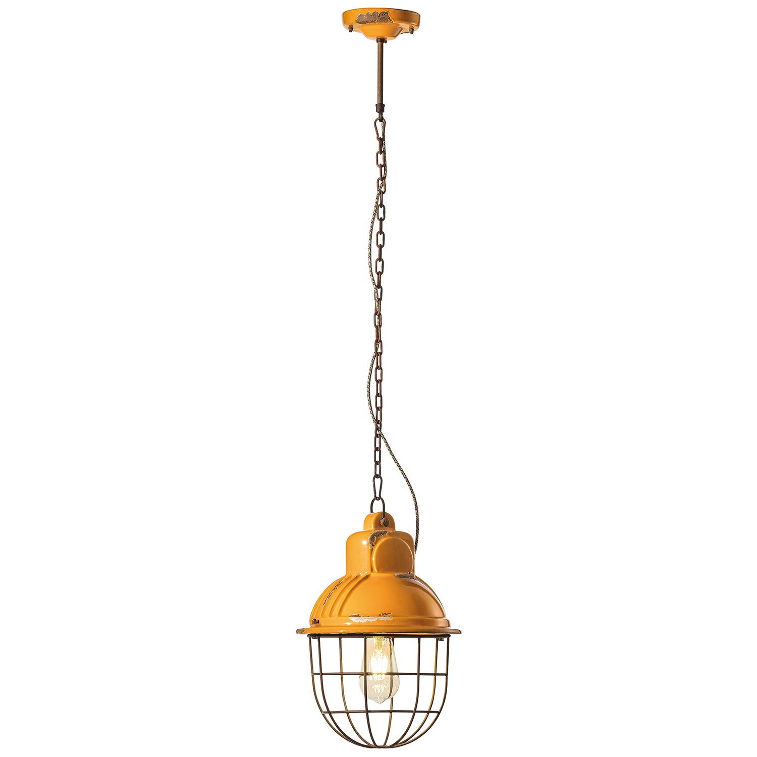 Lampadario Industrial Ferro E Ceramica Con Rete Vintage Giallo 1 Luce E27