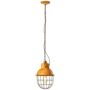 Lampadario Industrial Ferro E Ceramica Con Rete Vintage Giallo 1 Luce E27