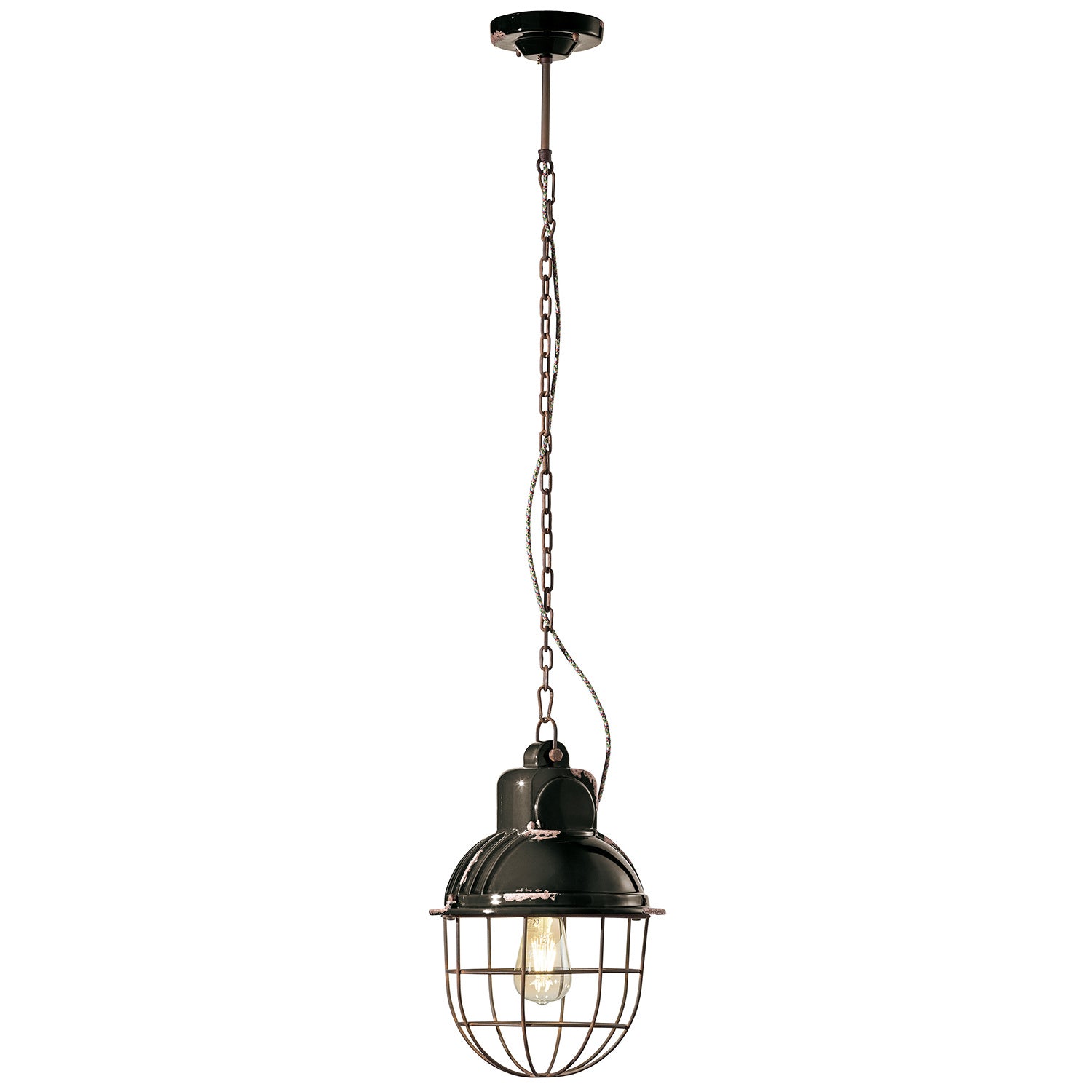 Lampadario Industrial Ferro E Ceramica Con Rete Vintage Nero 1 Luce E27 26Cm