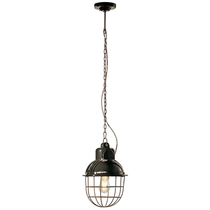 Lampadario Industrial Ferro E Ceramica Con Rete Vintage Nero 1 Luce E27 26Cm