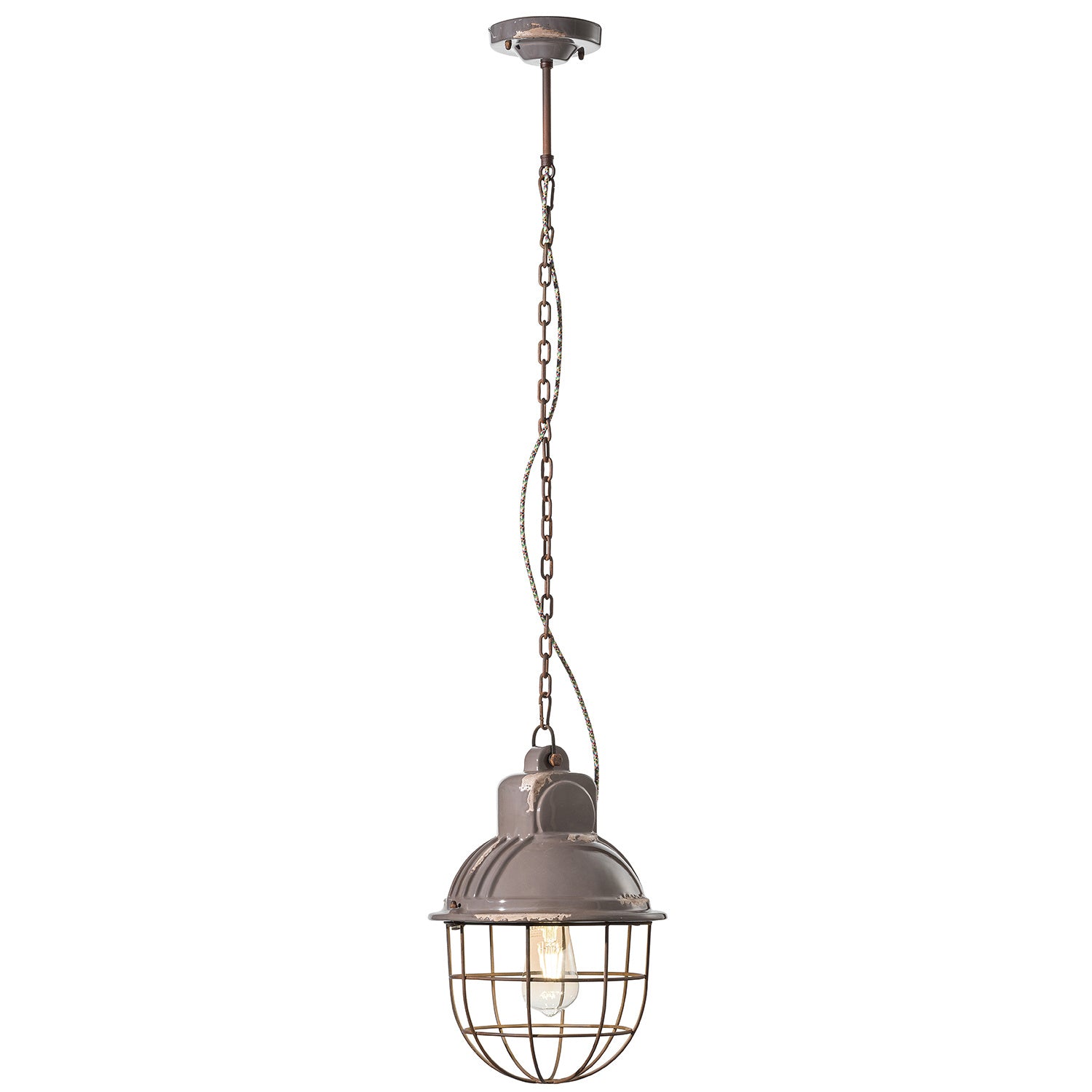 Lampadario Industrial Ferro E Ceramica Con Rete Vintage Tortora 1 Luce E27 26Cm