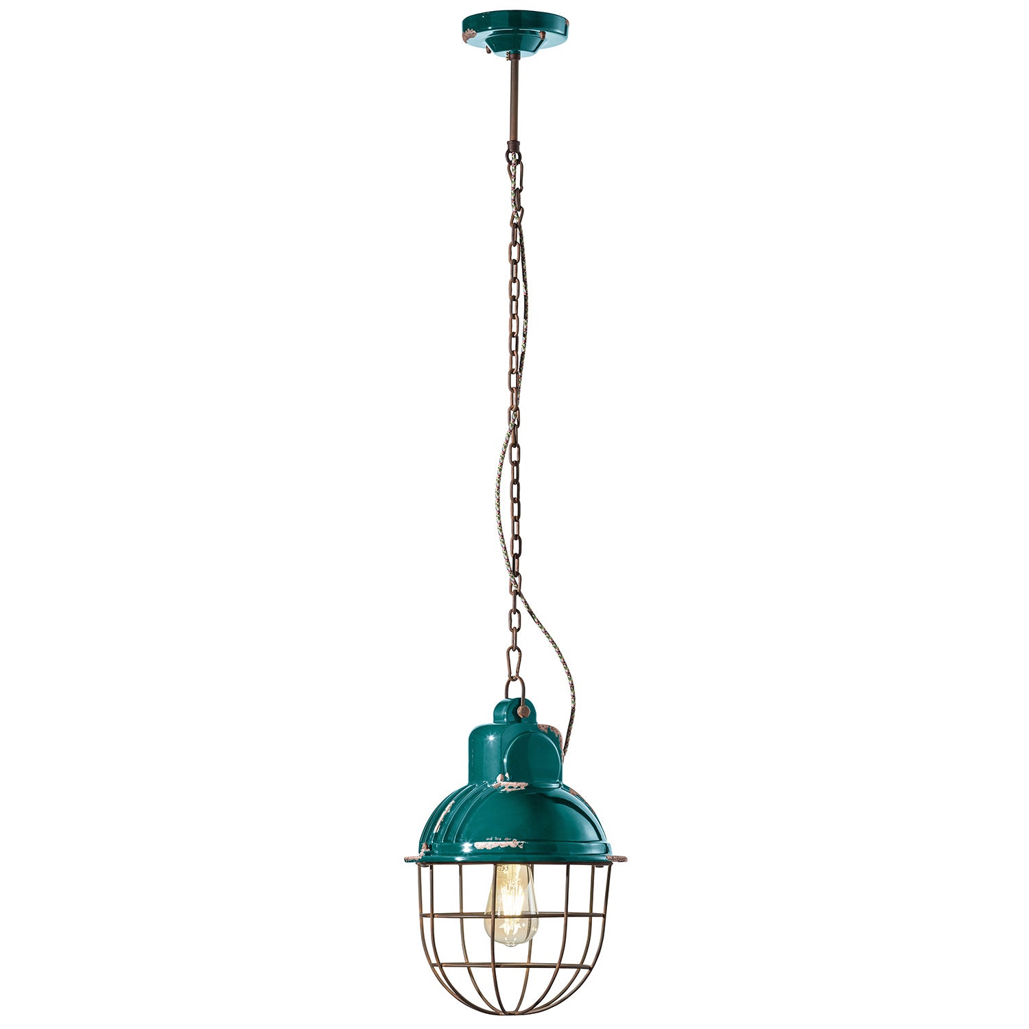 Lampadario Industrial Ferro E Ceramica Con Rete Vintage Verde 1 Luce E27 26Cm