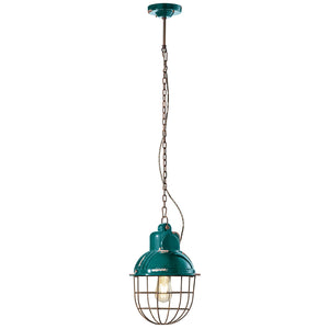 Lampadario Industrial Ferro E Ceramica Con Rete Vintage Verde 1 Luce E27 26Cm
