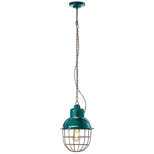 Lampadario Industrial Ferro E Ceramica Con Rete Vintage Verde 1 Luce E27 26Cm
