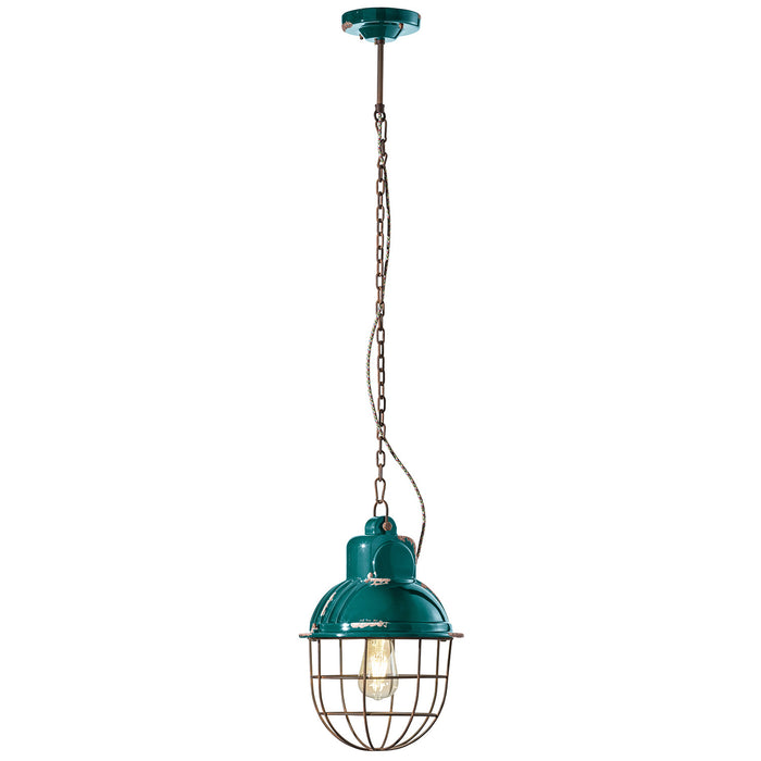 Lampadario Industrial Ferro E Ceramica Con Rete Vintage Verde 1 Luce E27 26Cm