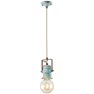 Lampadario Industrial Minimal Urban Ferro Ceramica Vintage Azzurro 1 Luce E27