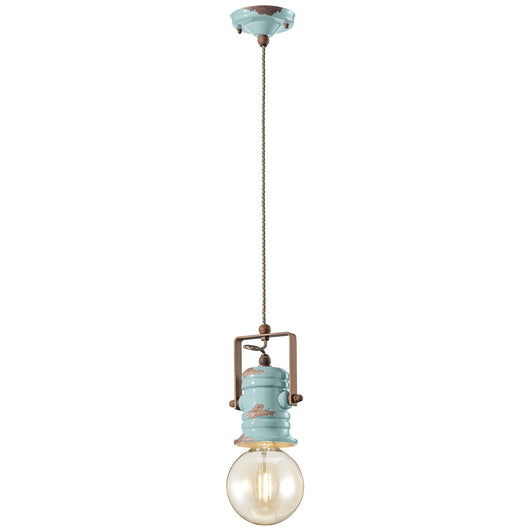 Lampadario Industrial Minimal Urban Ferro Ceramica Vintage Azzurro 1 Luce E27