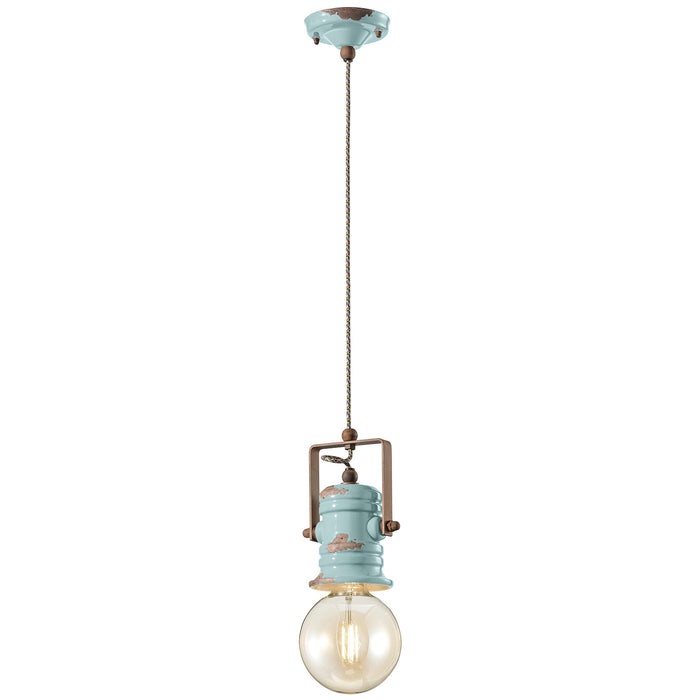 Lampadario Industrial Minimal Urban Ferro Ceramica Vintage Azzurro 1 Luce E27