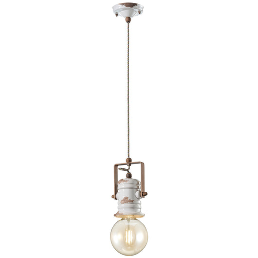 Lampadario Industrial Urban Ferro Ceramica Vintage Bianco 1 Luce E27 19Cm
