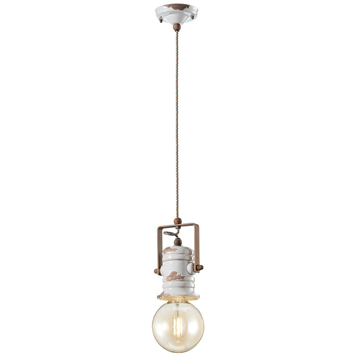 Lampadario Industrial Urban Ferro Ceramica Vintage Bianco 1 Luce E27 19Cm