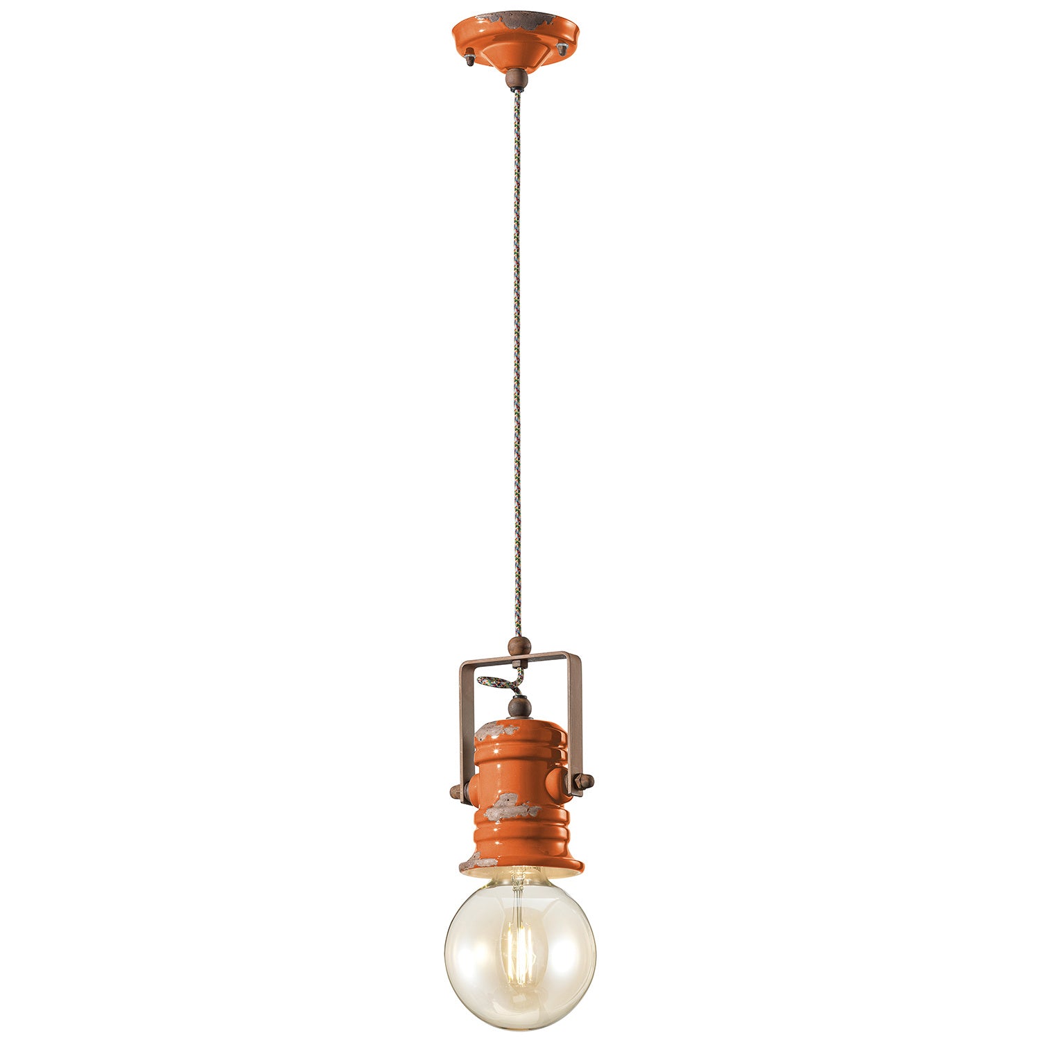 Lampadario Industrial Minimal Urban Ferro Ceramica Vintage Arancio 1 Luce E27