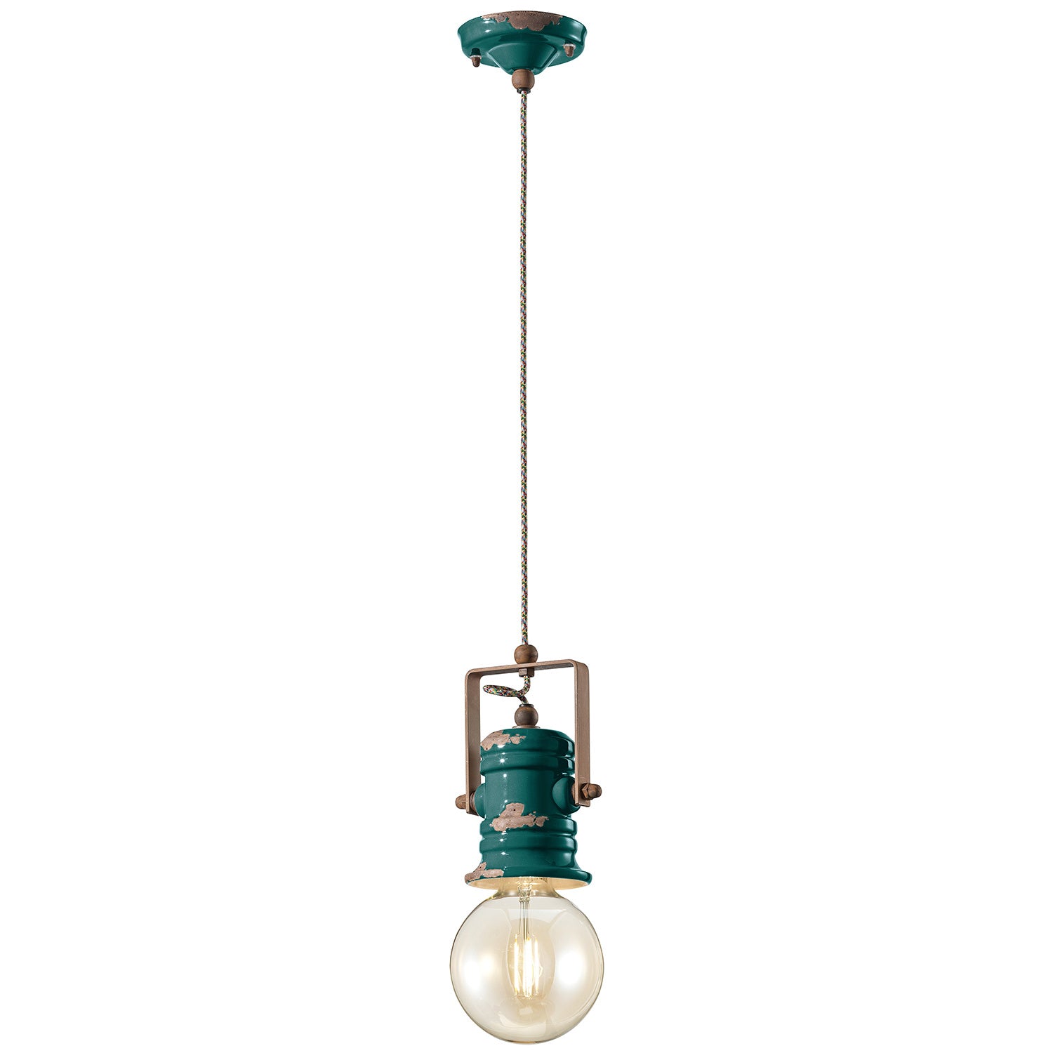 Lampadario Industrial Minimal Urban Ferro E Ceramica Vintage Verde 1 Luce E27