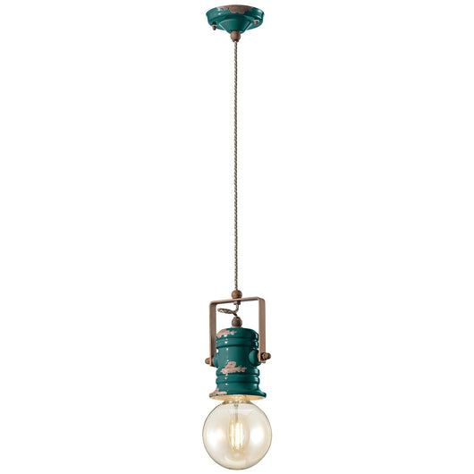 Lampadario Industrial Minimal Urban Ferro E Ceramica Vintage Verde 1 Luce E27