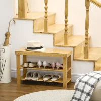 Panca Scarpiera Bassa in Bambù con 2 Ripiani a Doghe e Seduta, 70x28x45 cm, Naturale