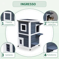 Cuccia per Gatti in Legno Impermeabile a 2 Piani, Casetta per Animali da Esterno con Tetto Apribile, 51x51x81.3cm