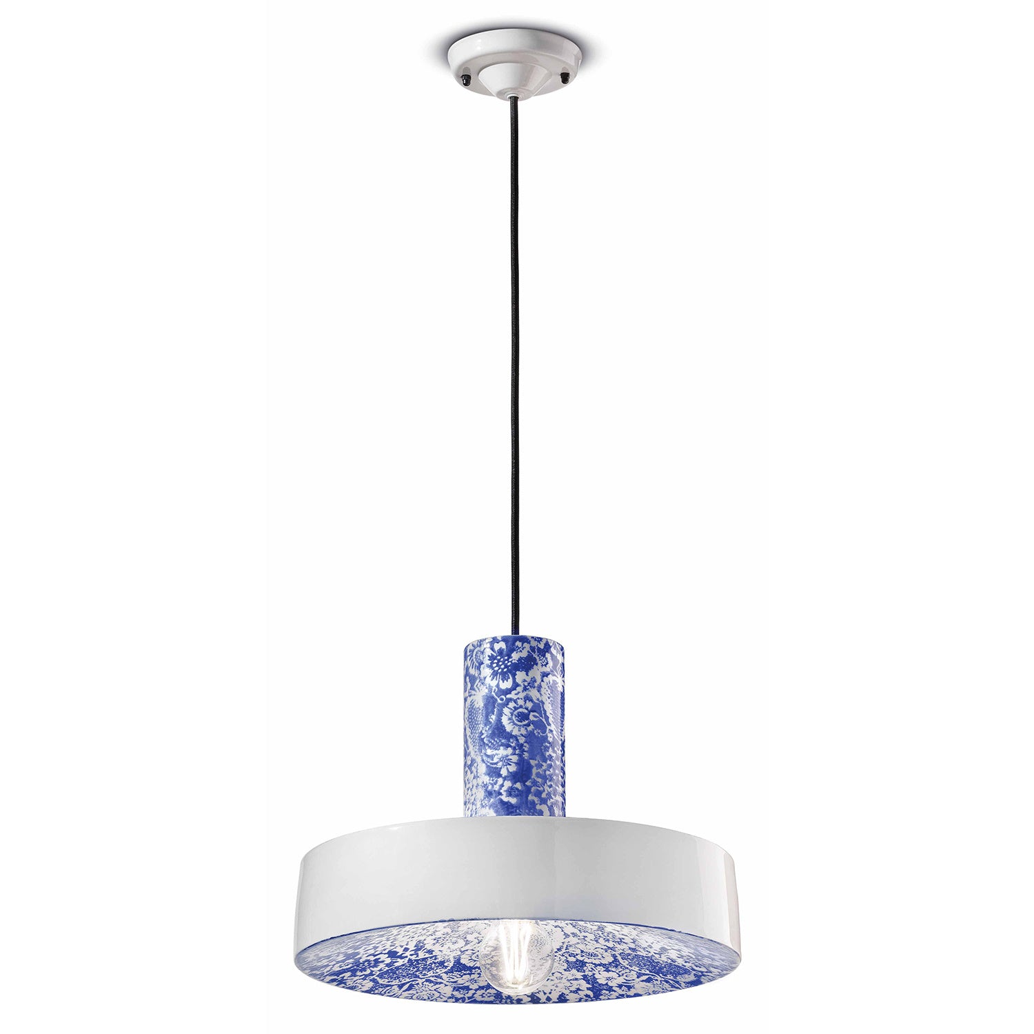 Sospensione Grande Vintage Decò Pi Ceramica Ming Blu 1 Luce E27