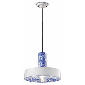 Sospensione Grande Vintage Decò Pi Ceramica Ming Blu 1 Luce E27